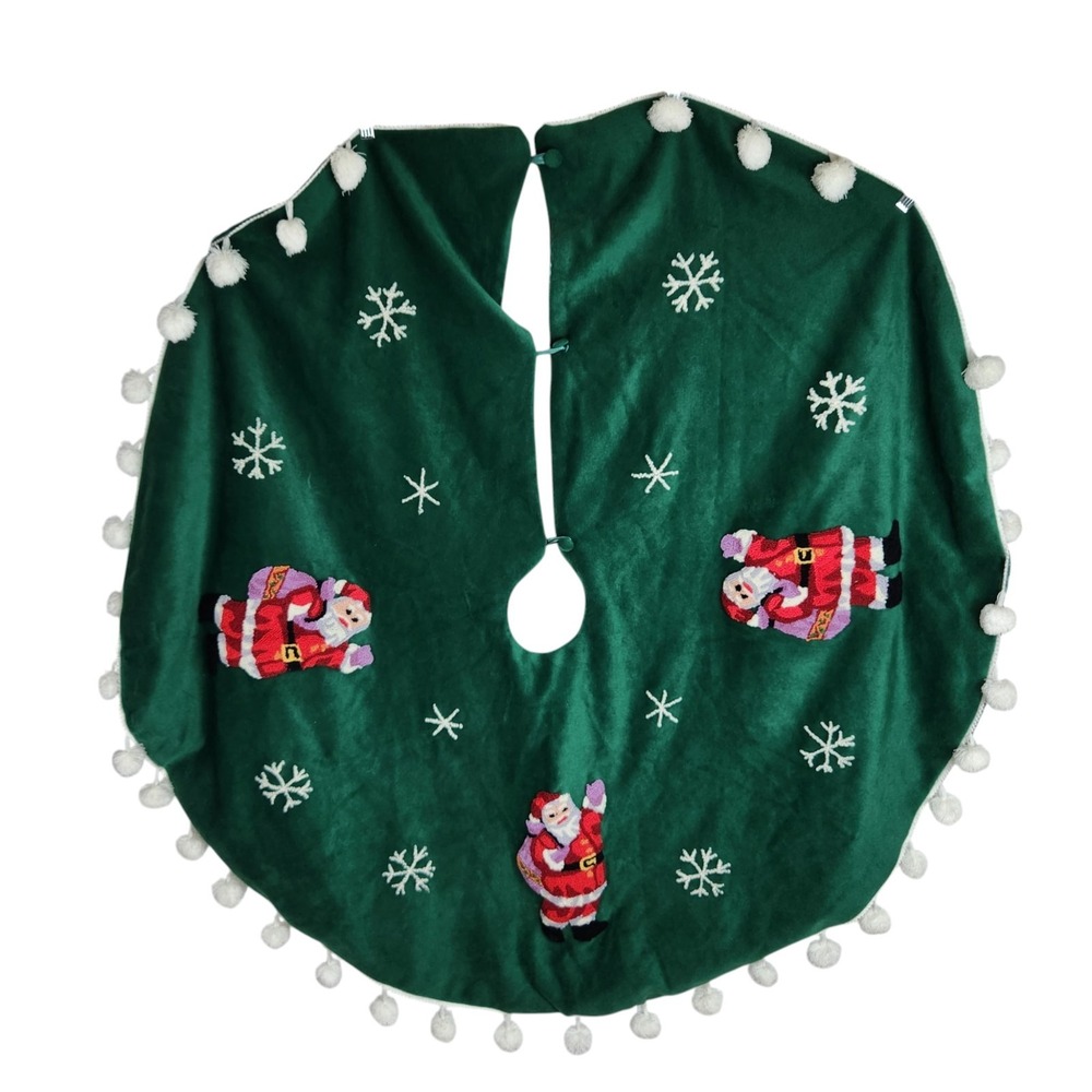 Felt Christmas Tree Skirt Chenille Patch Santa Embroidered Snowflakes Pom Poms